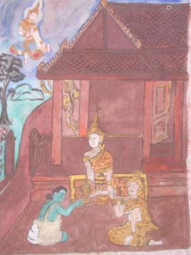 Mythological scene with green-colored man in the temple