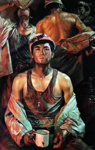 LARGE CHINESE OIL PAINTING ON CANVAS COAL WORKERS SIGNED BY ...
