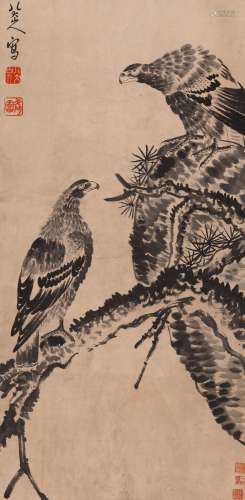 CHINESE SCROLL PAINTING OF EAGLE ON PINE SIGNED BY BADASHANR...