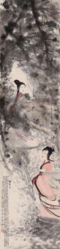 CHINESE SCROLL PAINTING OF BEAUTY IN WOOD SIGNED BY FU BAOSH...