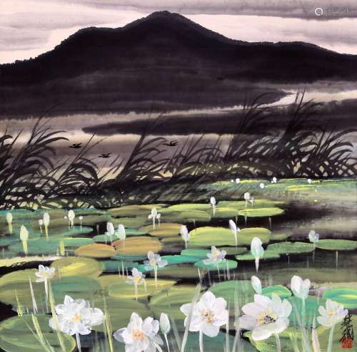 CHINESE SCROLL PAINTING OF LOTUS POND SIGNED BY LIN FENGMIAN