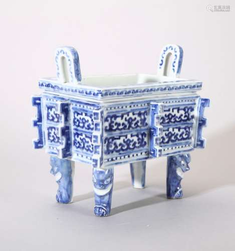 CHINESE PORCELAIN BLUE AND WHITE FOUR FEET SQUARE CENSER BUR...