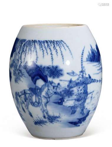 CHINESE PORCELAIN BLUE AND WHITE WARRIOR AND HORSE WATER JAR