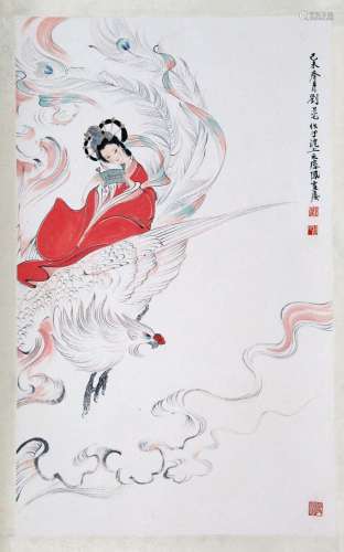 CHINESE SCROLL PAINTING OF BEAUTY ON PHOENIX SIGNED BY LIU D...