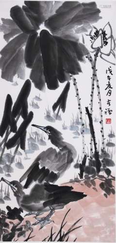 CHINESE SCROLL PAINTING OF BIRD AND LOTUS SIGNED BY LI KUCHA...