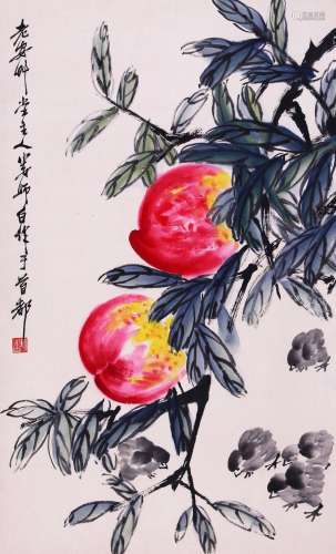 CHINESE SCROLL PAINTING OF CHICK AND PEACH SIGNED BY LOU SHI...