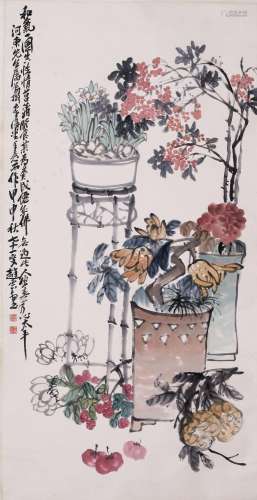 CHINESE SCROLL PAINTING OF FLOWER IN VASE SIGNED BY ZHAO YUN...