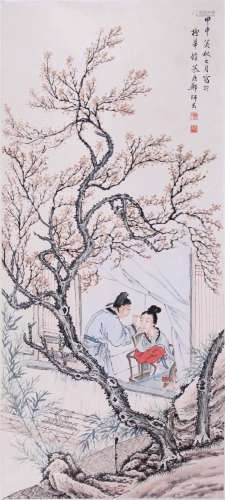 CHINESE SCROLL PAINTING OF COUPLE IN GARDEN SIGNED BY ZHENG ...