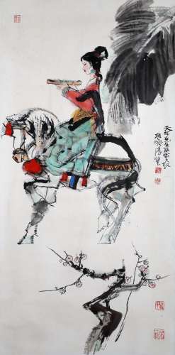 CHINESE SCROLL PAINTING OF GIRL ON HORSE SIGNED BY CHENG SHI...