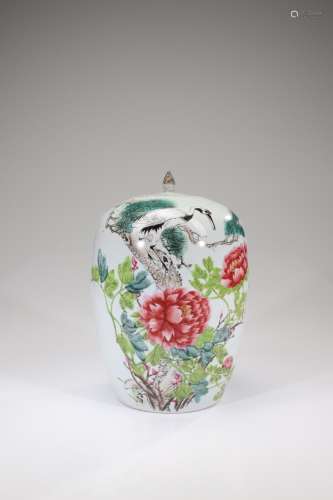 A 'CRANES AND PEONIES' GINGER JAR