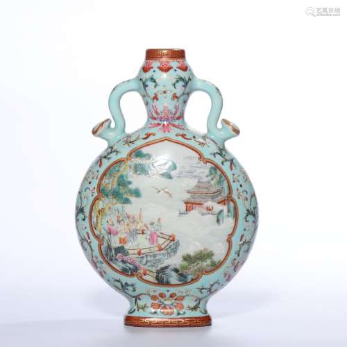 A TURQUOISE-GROUND FAMILLE-ROSE VASE.MARK OF QIANLONG