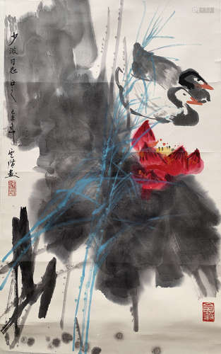 1917-1992 俞云阶  荷花双鸭图 设色纸本  立轴