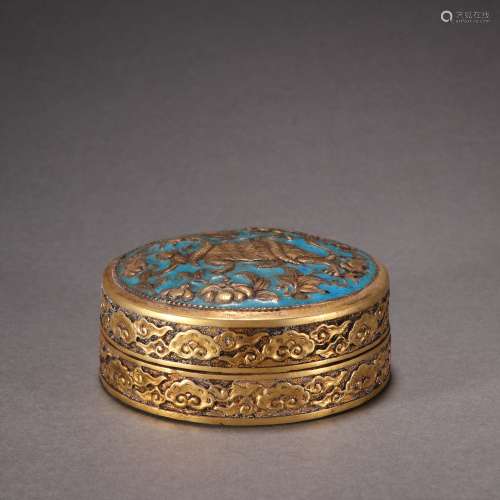 清代 銅鎏金燒藍玄武紋蓋盒。