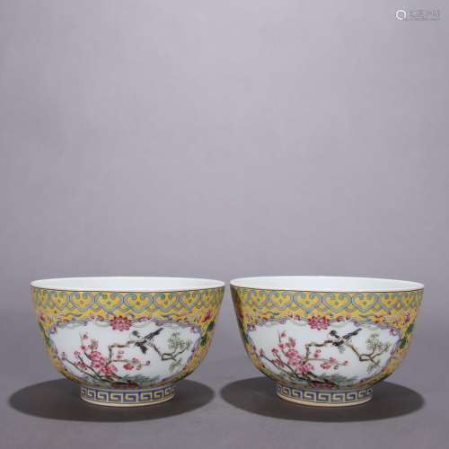 A pair of yellow ground pastel window flower and bird patter...