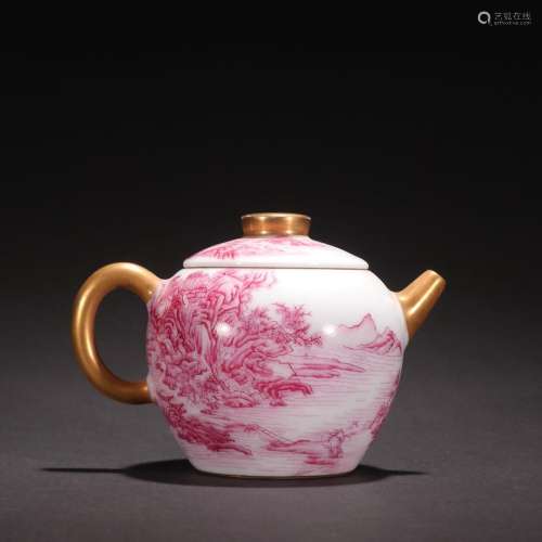 Carmine teapot with golden mountain and water pattern