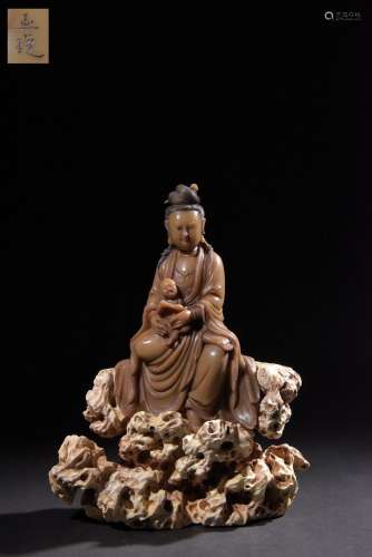 Shoushan hibiscus stone hand-carved Guanyin boy ornament