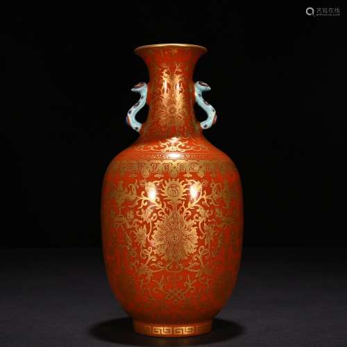 Ruyi ear vase with red painted gold twisted branches and flo...