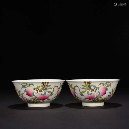 A pair of pastel bowls with five blessings and eight peach p...