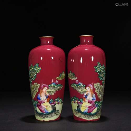 A pair of carmine enamel character plum vase