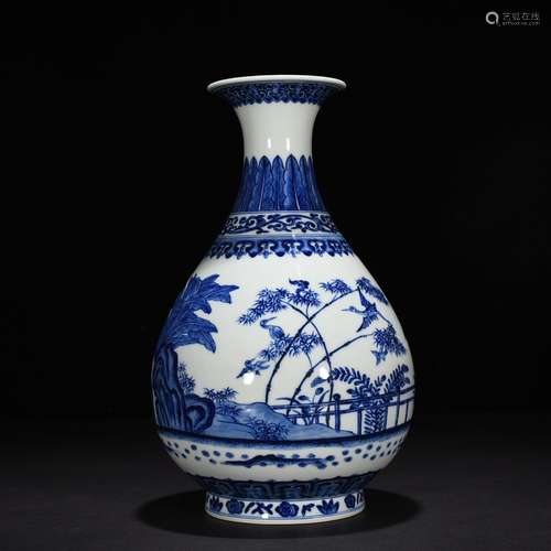 Blue and white courtyard bamboo stone banana pattern jade po...