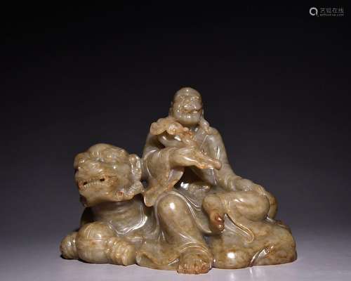 Hetian jade carving sitting lion Arhat ornament