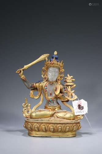 Gilt Bronze Inlaid Crystal Tara Buddha Statue Ornament