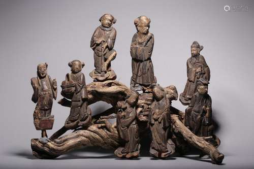 Wood carving and painted eight immortals ornaments