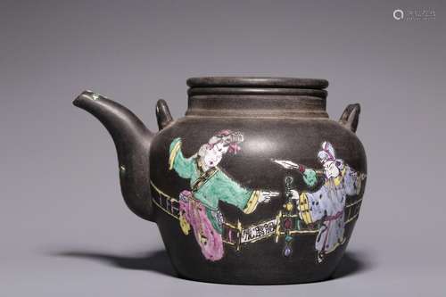 Purple Sand Painted Character Story Figure Large Teapot