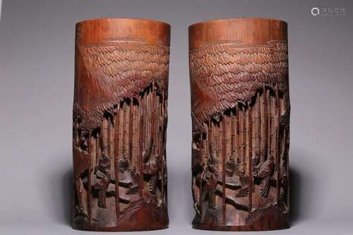 Republic of China, a pair of bamboo carving bamboo forest se...