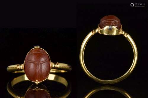ANCIENT EGYPTIAN CARNELIAN SCARAB IN NEO-CLASSICAL GOLD RING