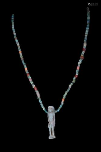 EGYPTIAN FAIENCE THOTH AS BABOON AMULET ON BEADED NECKLACE