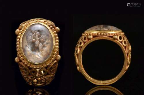 RARE ROMAN ROCK CRYSTAL PORTRAIT INTAGLIO GOLD RING