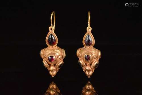 GREEK HELLENISTIC GOLD MATCHING PAIR OF EARRINGS WITH GARNET...