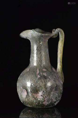 ANCIENT ROMAN GLASS TREFOIL JUG WITH HANDLE