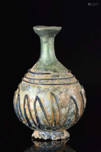 ANCIENT ROMAN GLASS FLASK WITH DECORATION