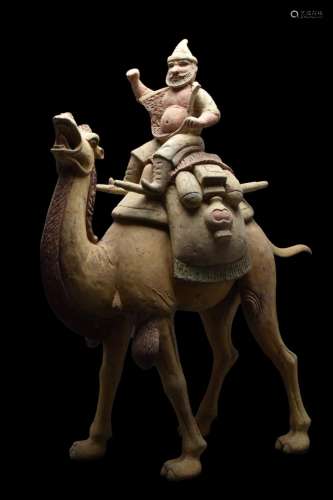 CHINESE TANG DYNASTY POTTERY BACTRIAN CAMEL AND RIDER - TL T...