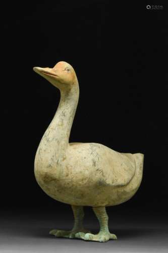 CHINESE HAN DYNASTY TERRACOTTA GOOSE ON BRONZE LEGS