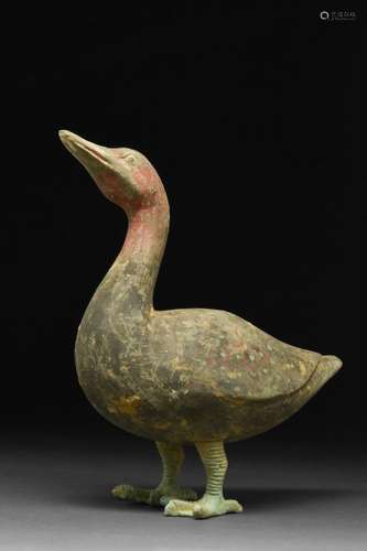 CHINESE HAN DYNASTY TERRACOTTA GOOSE ON BRONZE LEGS