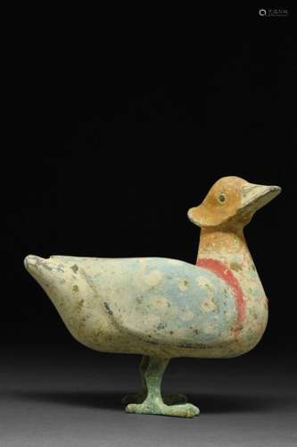 CHINESE HAN DYNASTY TERRACOTTA DUCK ON BRONZE LEGS