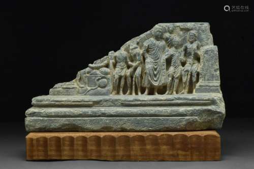GANDHARAN SCHIST STONE PANEL WITH BUDDHA AND HIS DEVOTEES