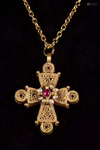 BYZANTINE GOLD CROSS PENDANT WITH GARNETS AND PEARLS