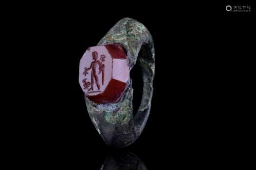 LARGE ROMAN BRONZE RING WITH HERMES INTAGLIO