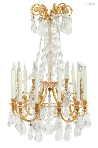 A Louis XVI style bronze, rock crystal chandelier