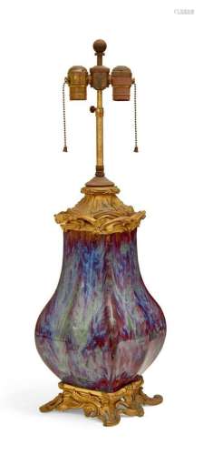 A Chinese flambe glazed hu vase lamp