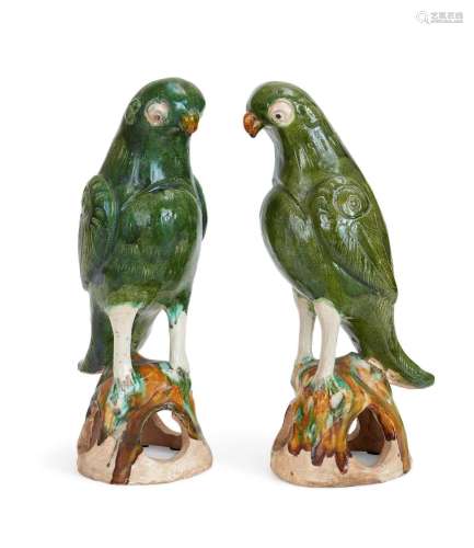 A pair of large Chinese sancai pottery parrots