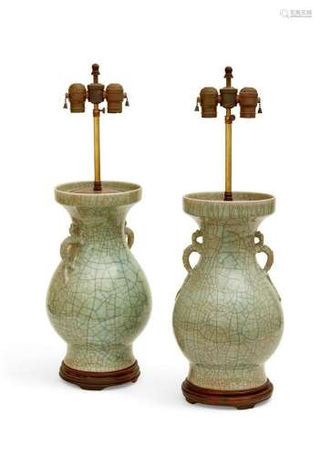 Pair of Chinese celadon crackle glazed vase lamps