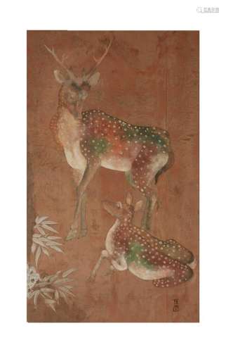 Japanese School , deer, stag and hind, watercolor