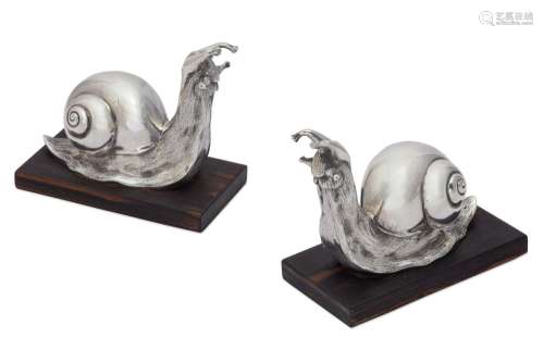 A pair of French silvered bronze snails, Bizard