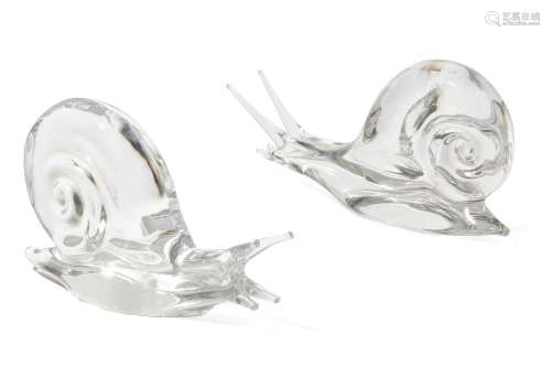 Two Daum clear glass models of snails, modern