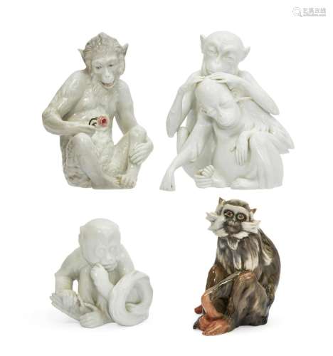 Four Continental porcelain monkeys